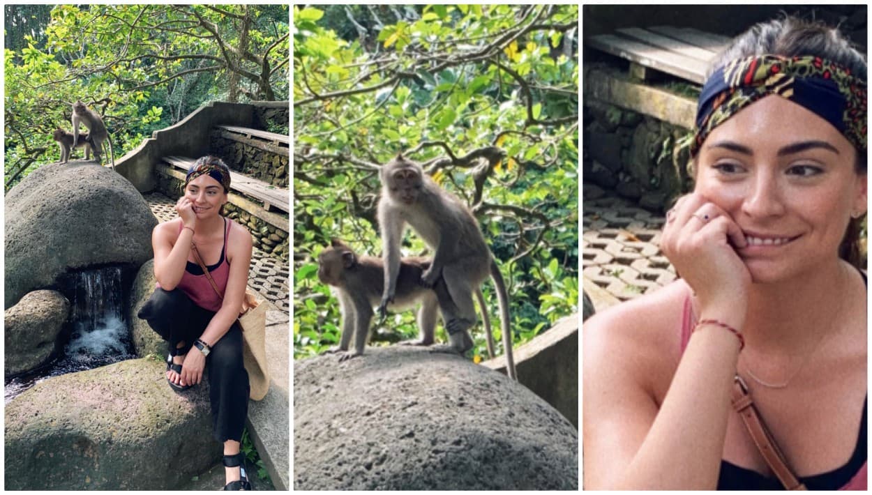 En uno de estos lugares, Ana Brenda posó para una foto, sin contar con que a sus espaldas, una pareja de monitos estaba en plena sesión amorosa, que detuvieron al detectar que algo más estaba pasando. 
<b>"Yo en el amor"</b>, comentó la artista junto a la foto original, que es la primera de estas tres que publicó.