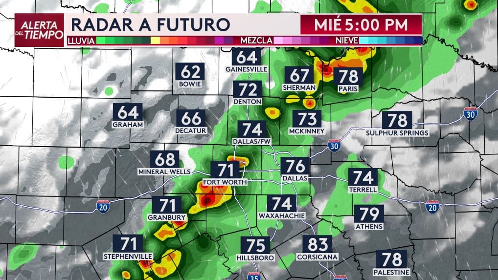 <h3 class="cms-H3-H3">Así podrían avanzar las tormentas el miércoles por la tarde</h3> Los modelos meteorológicos muestran que 
<b>algunas tormentas podrían comenzar a formarse al oeste de Dallas - Fort Worth alrededor de las 5 de la tarde del miércoles.</b> 
<br>Si las tormentas logran fortalecerse, podrían producir 
<b>lluvia intensa, ráfagas de viento y granizo en algunos sectores</b> mientras se desplazan por el norte de Texas durante la tarde y la noche.