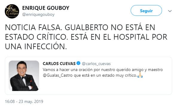 Por su parte, el productor artístico Enrique Gou reiteró que Gualberto no está grave.
<br>
