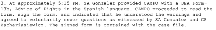 Prosecutors say DEA agent Sandalio Gonzalez gave Campo a form advising him of his rights in Spanish