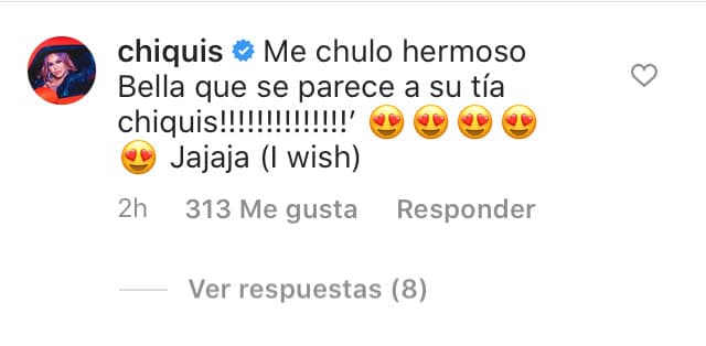 "Mi chulo hermoso. ¡Bello que 
<b><a href="https://www.univision.com/famosos/jacqie-rivera-y-su-esposo-contaron-que-esperan-un-bebe-pero-se-guardaron-esta-otra-sorpresa-video" target="_blank">se parece a su tía Chiquis</a></b>! Ja ja ja (Eso quisiera yo)", escribió. 
<br>