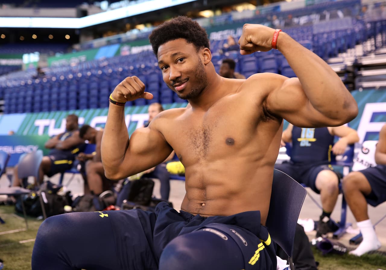 Texas A&M defensive end Myles Garrett poses for a photo during the 2017 NFL Scouting Combine at Lucas Oil Stadium on Sunday, March 5, 2017 in Indianapolis. (Todd Rosenberg via AP)