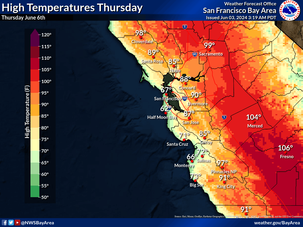 Mapa de las temperaturas para este jueves 6 de junio.