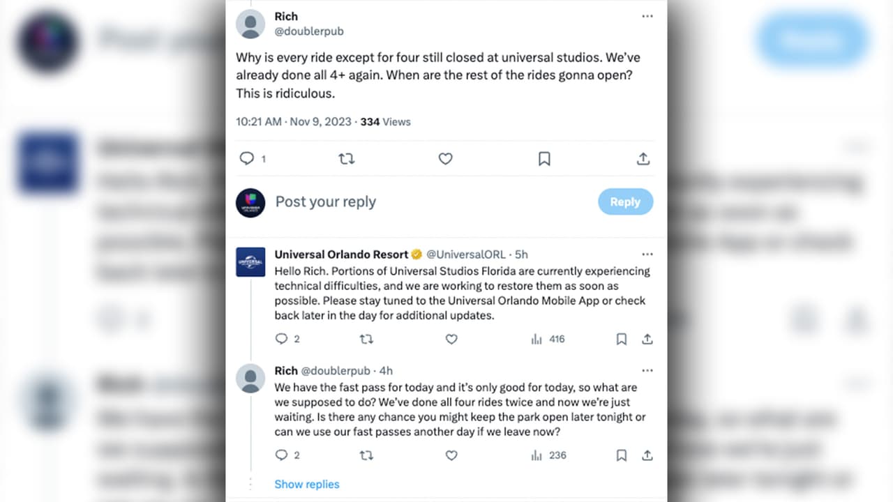 Respuesta de Universal Orlando Resort ante fallas técnicas de este jueves.