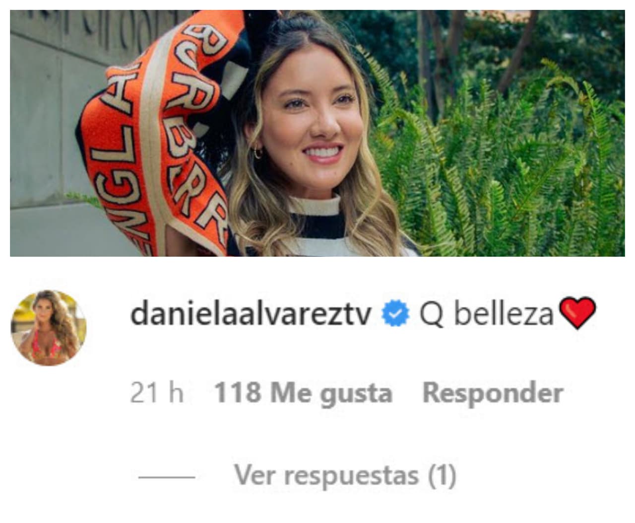 Por ejemplo, a Daniella Álvarez, jueza de la más reciente temporada de
<b>Nuestra Belleza Latina</b>, le pareció muy bella la foto.
<br>