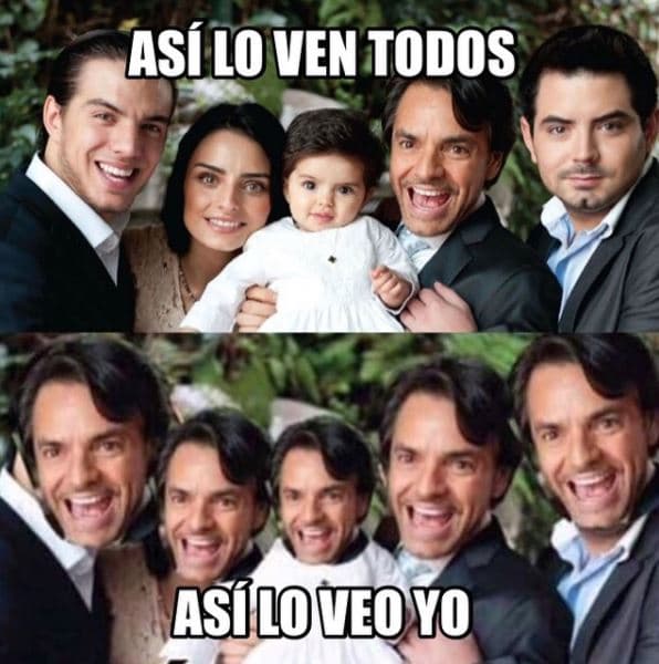 Es tan grande el parecido entre los hijos de Eugenio Derbez, que Aislinn publicó un 'meme' en el que asegura que todos son iguales a su padre.