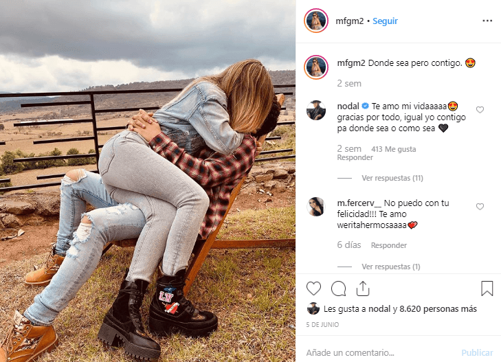 "Donde sea pero contigo" dice María Fernanda en esta publicación en donde Nodal expresó su amor por ella: "Te amo mi vida, igual yo contigo para donde sea y como sea".