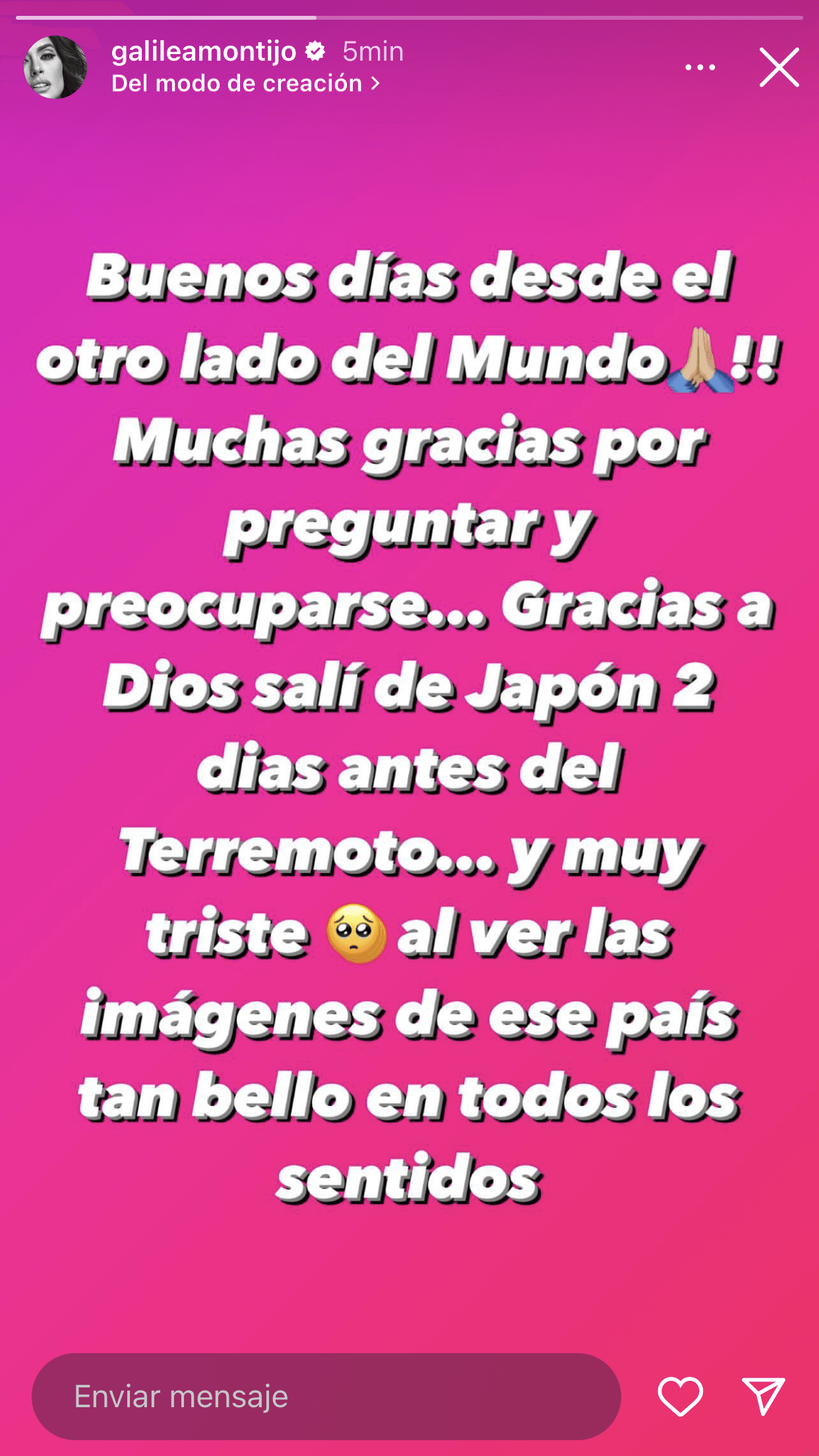 Galilea Montijo confirmó que dejó Japón "dos días antes del terremoto".