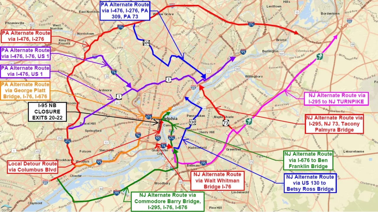 Mapa de las rutas alternativas durante el cierre de un tramo de la I-95.