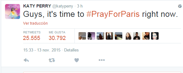 En su cuenta de Twitter escribió "Chicos es tiempo de rezar por París #Ahora"
