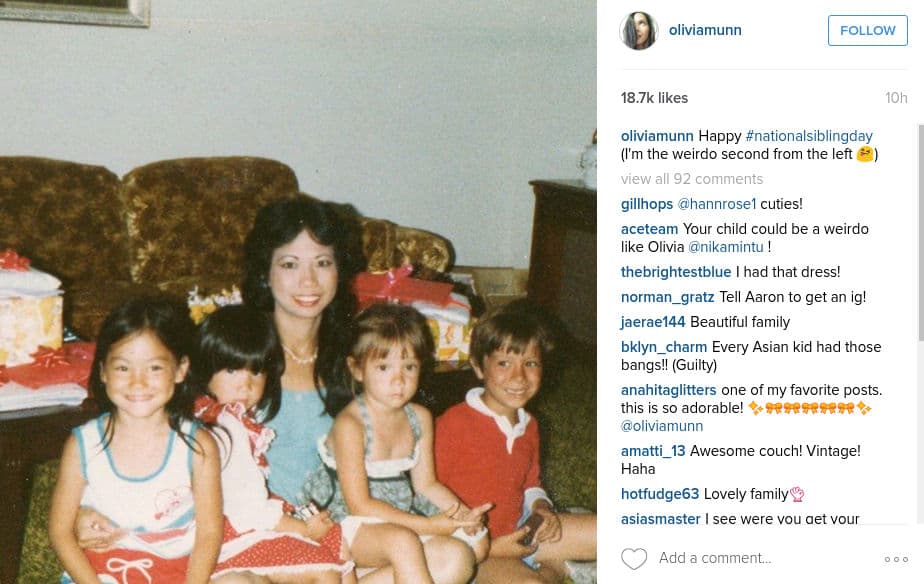 Olivia Munn compartió una foto de su familia de hace muchos años ¿la ubicas en la foto?