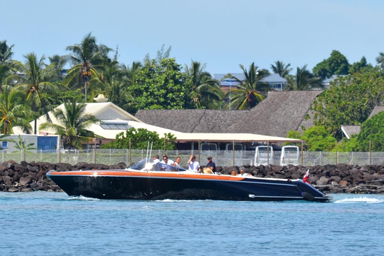 Photo © 2017 Zuma Press/The Grosby Group EXCLUSIVE Moorea, April 14, 2017. Former U.S. President Barack Obama takes a holiday photo of his wife, Michelle, as she poses on the top deck of the 138 meter Rising Sun yacht where the couple and celebrity friends spent the morning off the Island of Moorea, in the South Pacific, part of French Polynesia on April 14, 2017. The Obamas were vacationing with Bruce Springsteen, Tom Hanks and Oprah Winfrey and spent two hours aboard music mogul David Geffen's luxury yacht before leaving Tahiti.