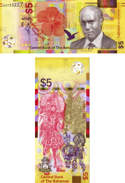 <h3 class="cms-H3-H3">6. Bahamas (5 dólares)</h3>
<br>
<br>La colorida mezca del amaraillo, naranja, verde, lila, rojo, marrón azul acompañan a un texto en inglés en la parte frontal, junto a un mapa, una flor, a un pájaro en pleno vuelo y 
<a href="https://www.theibns.org/joomla/index.php?option=com_content&view=article&id=781&catid=13&Itemid=51" target="_blank">a la imagen de Cecil Wallace-Whitfield.</a>
<br>
<br>En la parte trasera se puede ver la semejanza de Delton Barrett con los bailarines de cowbeller de Junkanoo y un escudo de armas.