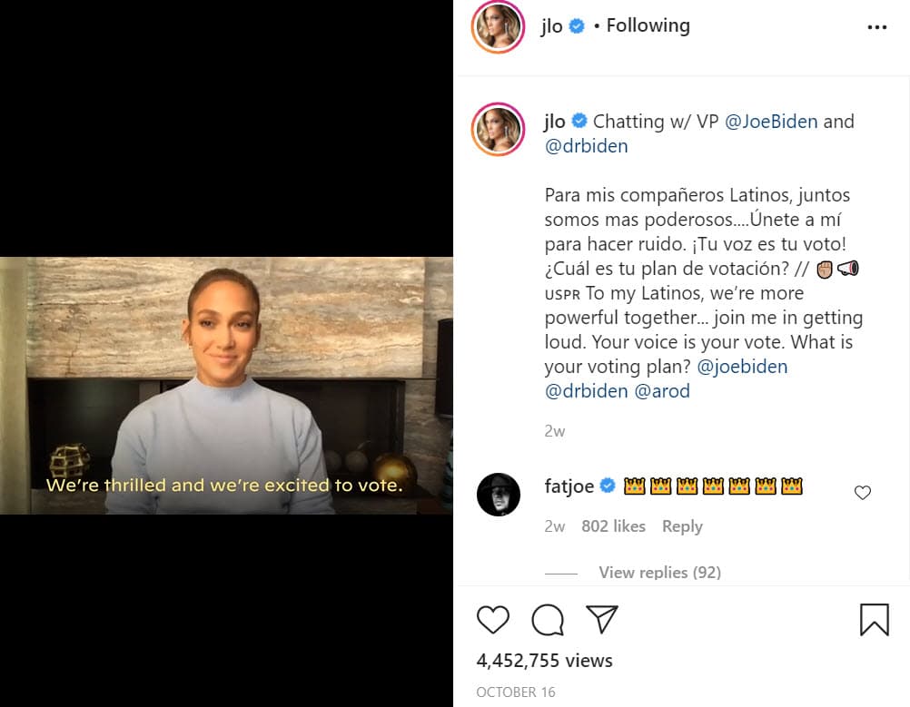 <b><a href="https://www.univision.com/famosos/en-fotos-jennifer-lopez-sorprendio-a-alex-rodriguez-con-una-ford-bronco-del-1974-fotos" target="_blank">Jennifer López y su prometido Alex Rodríguez</a></b> compartieron una charla con el candidato demócrata Joe Biden y su esposa Jill. "Para mis compañeros latinos, juntos somos más poderosos... Únete a mí para hacer ruido. ¡Tu voz es tu voto! 
<b><a href="https://www.instagram.com/tv/CGaJ2VrJT6_/?igshid=mdhpywrzhq8v" target="_blank">¿Cuál es tu plan de votación?</a></b>", escribió en español la cantante.