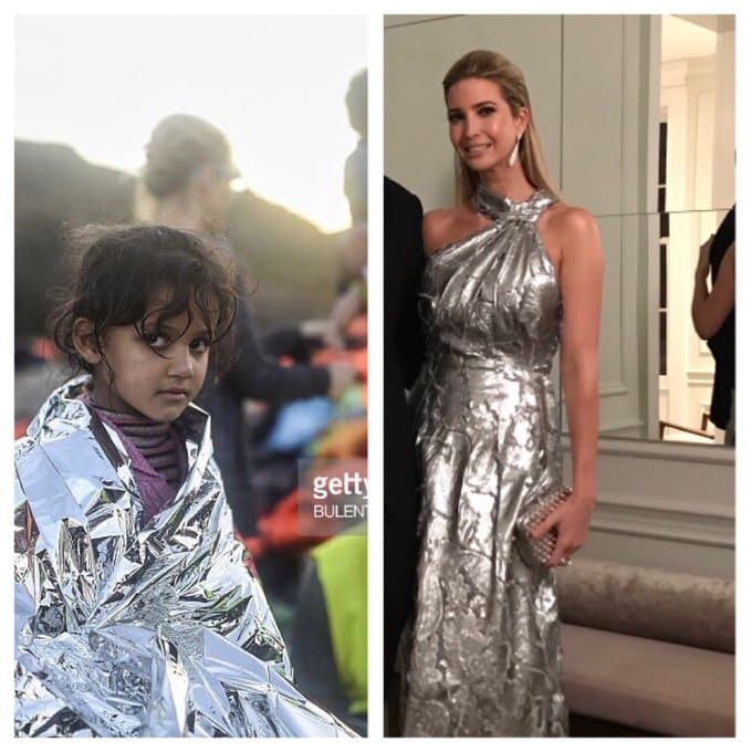 Su lujoso vestido, con el que acudió a una cena de gala, fue comparado en redes sociales con la manta térmica que utilizan en los campos de refugiados.