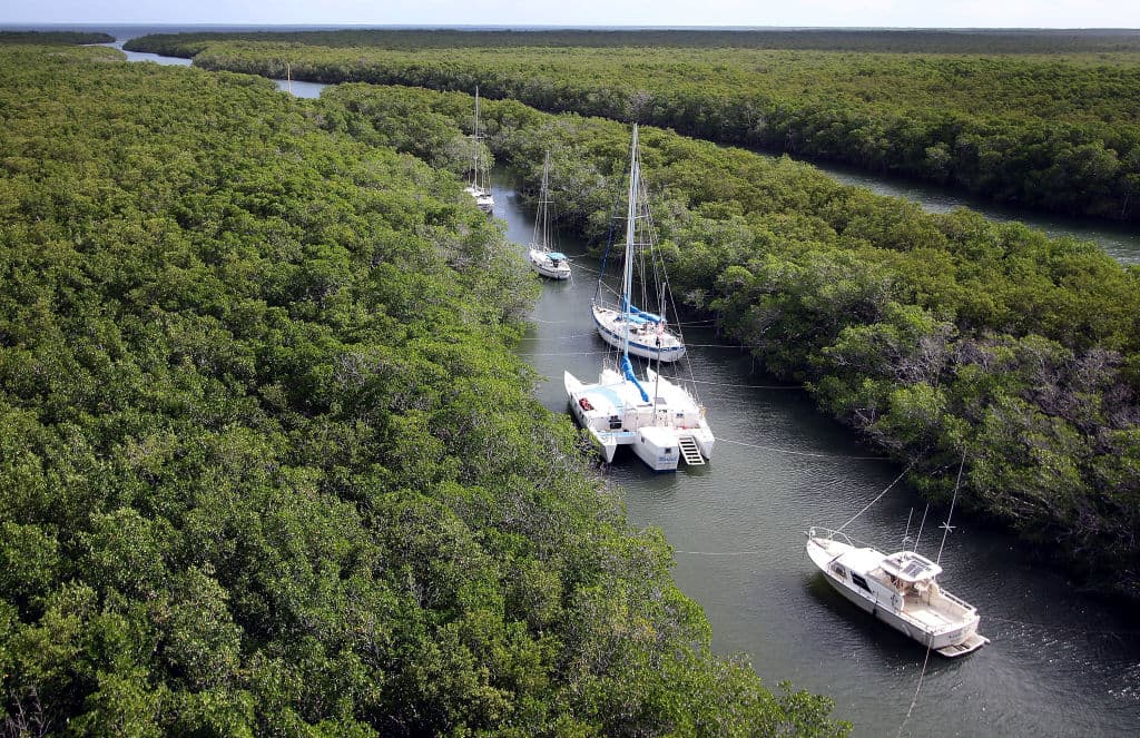 KEY LARGO, FL - SEPTEMBER 08: Boats that can't be evacuated are tied off in canals to protect them from Hurricane Irma on September 8, 2017 in Key Largo, Florida. The entire Florida Keys are under a mandatory evacuation notice as Hurricane Irma approaches the low-lying chain of islands south of Miami. (Photo by Marc Serota/Getty Images)