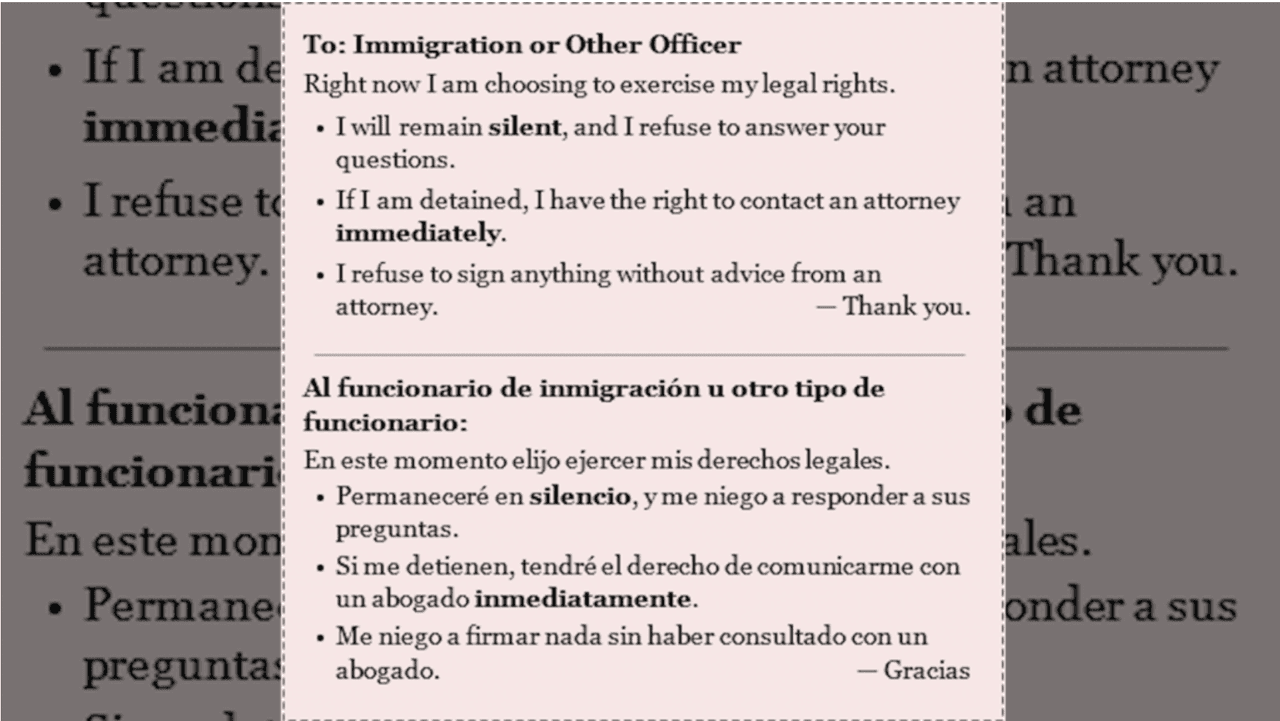 Tiene derecho a portar esta tarjeta contigo y entregarla a los funcionarios de ICE.