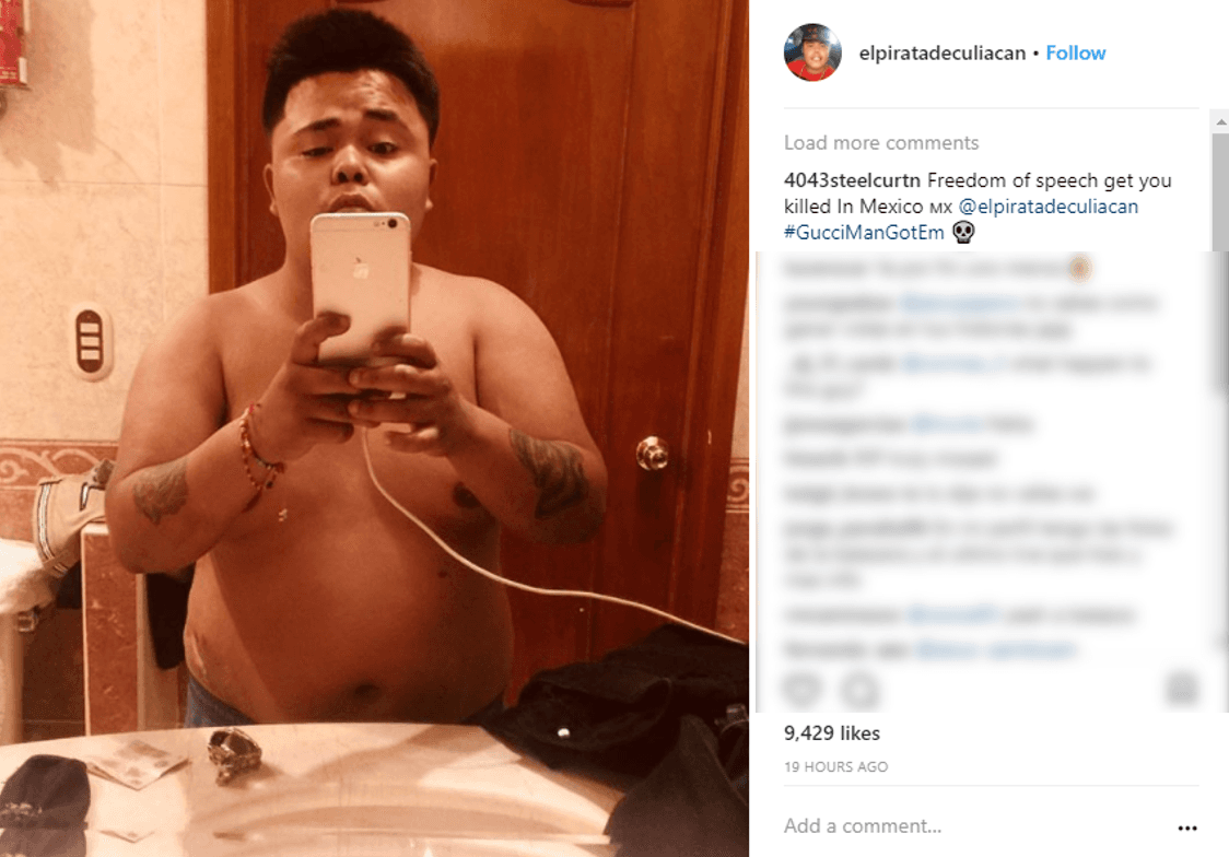 Esta es la última fotografía publicada en Instagram por 'El Pirata de Culiacán' unas horas antes de ser acribillado en un bar en Jalisco por causas que no han sido clarificadas. Una selfie en la que se retrata frente al espejo y donde se observan sus tatuajes de tigre y pirata.