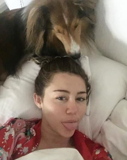 En la cama y en cualquier parte de su casa, Miley se vuelve loca consintiendo a sus amiguitos.