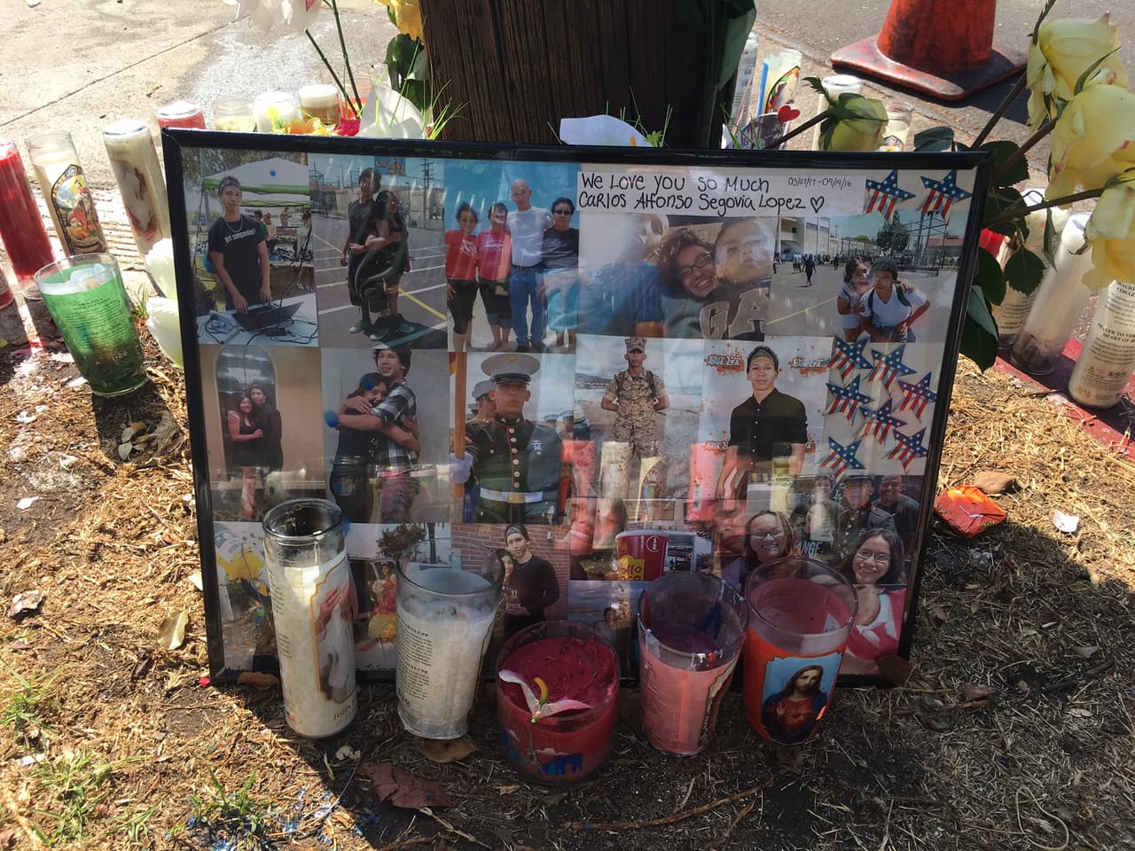 El memorial colocado por el marine Carlos Segovia, baleado a mediados de septiembre de 2016, es uno de los pocos que siguen en el suroeste de Los Ángeles.