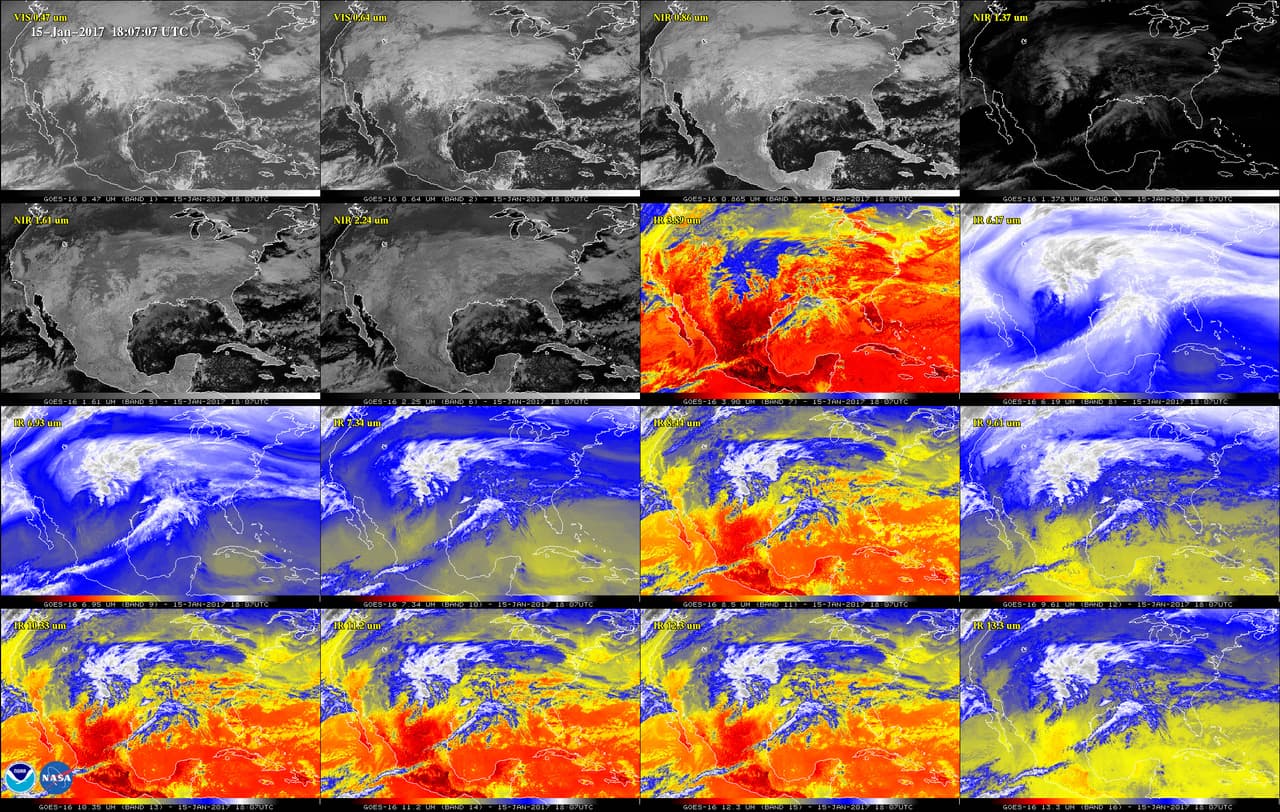 El recién lanzado satélite GOES-16 tiene el triple de canales espectrales que las generaciones anteriores de satélites.Esta composición, por ejemplo, muestra las imágenes de EEUU continental que es capaz de generar a través de los 16 diferentes canales que tiene disponibles.
<br>Entre ellas destacan dos fotografías generadas en blanco y negro, cuatro en el espectro cercano al infrarrojo y 10 en infrarrojo. Estos canales ayudan a los meteorólogos a distinguir entre diferentes aspectos de la atmósfera como las nubes, el vapor de agua, humo, hielo y las cenizas volcánicas.