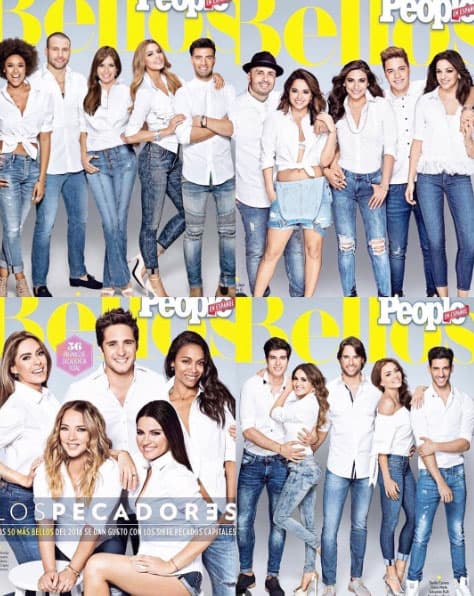 Cuatro hermosas portadas para escoger, con los famosos vistiendo tops blancos y jeans azules.