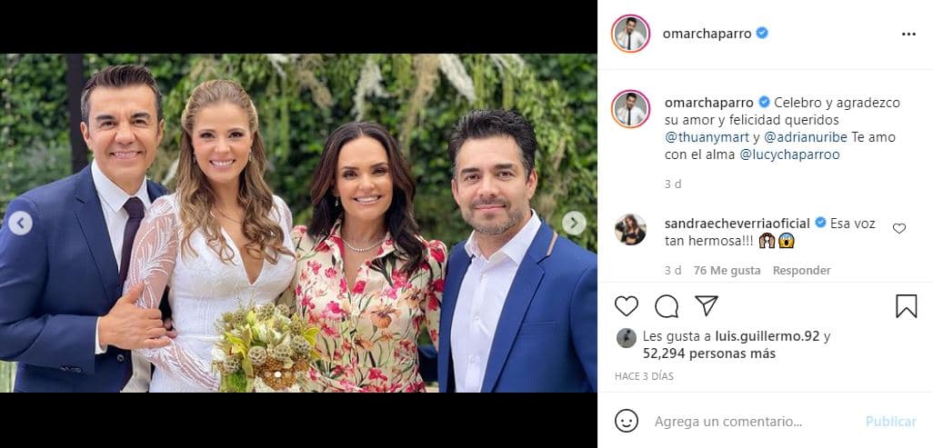 Uno de los invitados a la boda fue el comediante Omar Chaparro, quien pasó al escenario a cantar el tema 'Amorcito corazón', que hiciera popular el cantante Pedro Infante. En un post de Instagram celebró y agradeció el amor y la felicidad de los novios. A su esposa Lucy Chaparro le escribió: "Te amo con el alma".