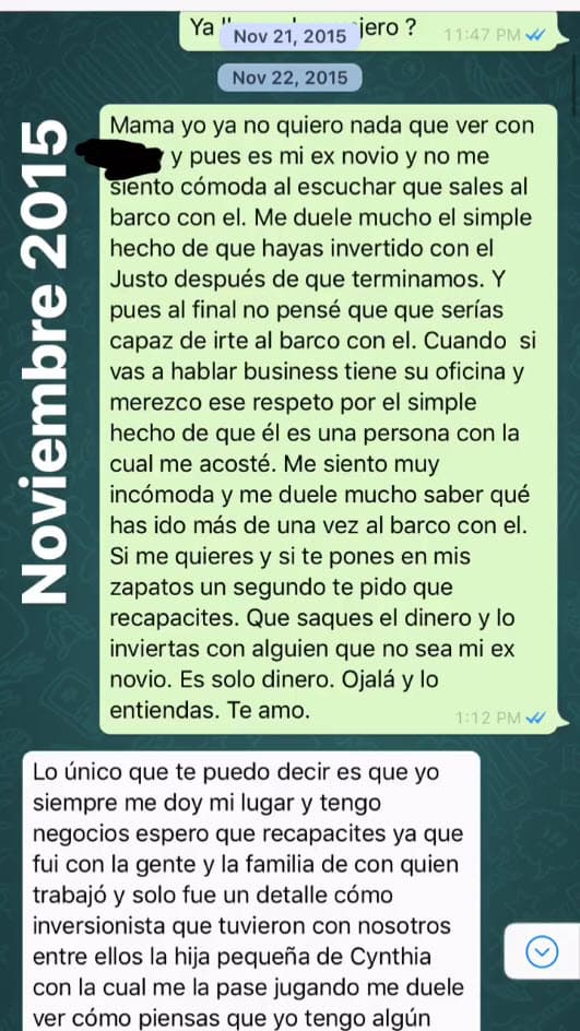 En el texto, Frida le reclama por hacer negocios con uno de sus exnovios y pasear en barco con él: "Si vas a hablar de 'business' (negocios) tiene su oficina y merezco respeto por el simple hecho de que él es una persona con la cual me acosté".
<br>