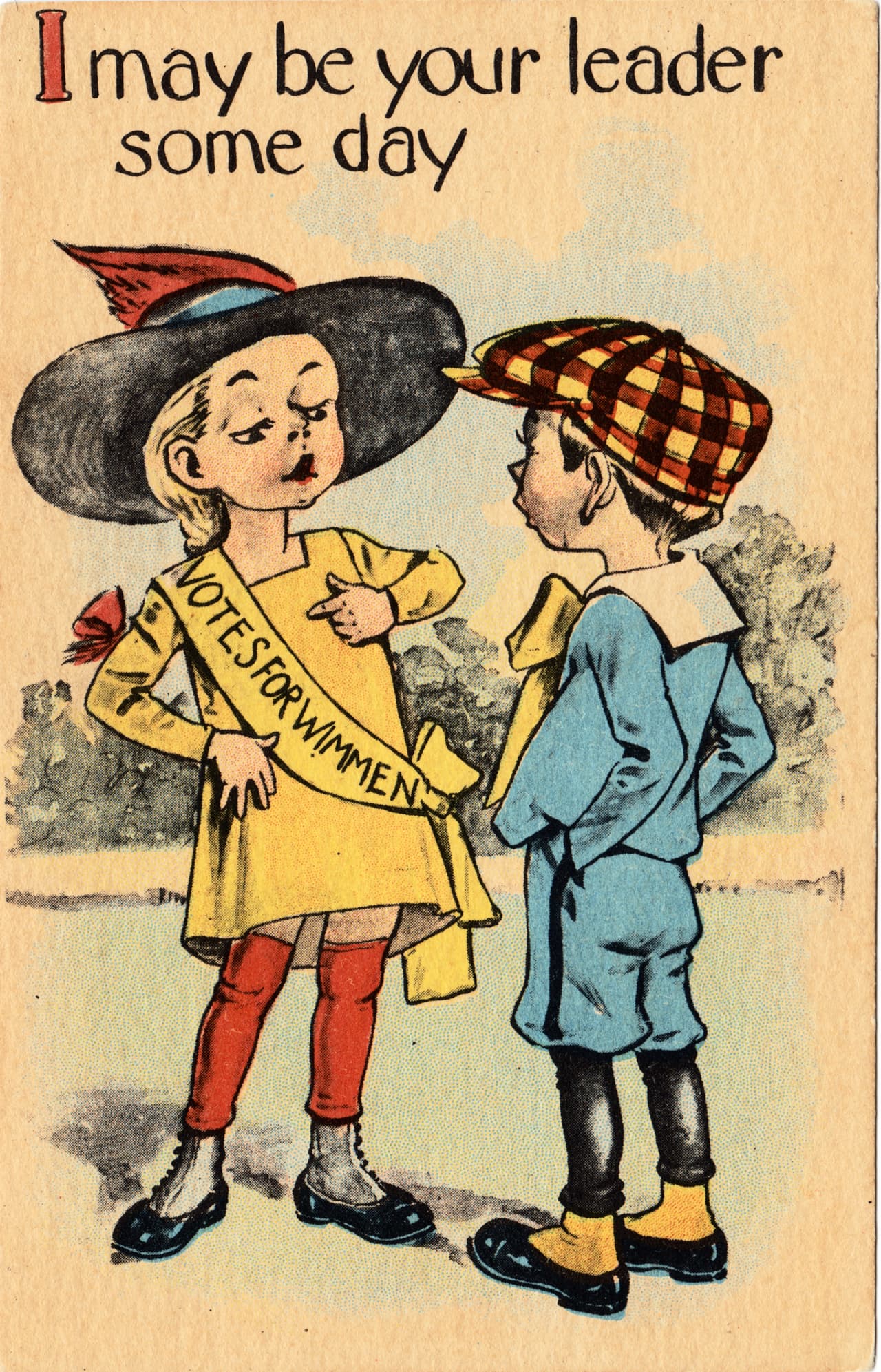 La enmienda 19 fue ratificada por el presidente Woodrow Wilson el 18 de agosto de 1920. Pero la lucha por el voto feminino es más antigua como muestra esta postal de 1900 en la que se ve a una niña con una banda en la que se lee "votos para las mujeres". La imagen tiene la leyenda "Un día podría ser tu líder".