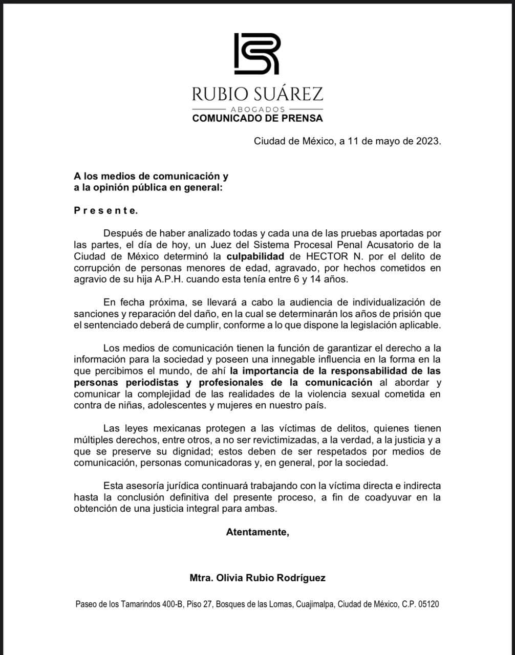 Comunicado del equipo de abogados Alexa Parra.
