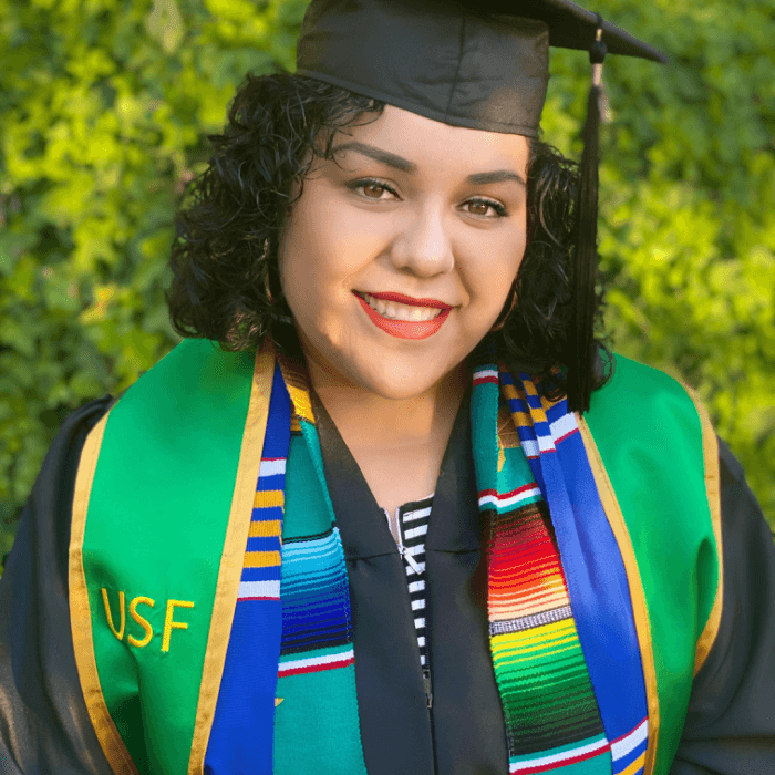 <b>Cristina Núñez-Rodarte</b> — University of San Francisco
<br>
<br>"La familia de Cristina la quiere felicitar por este logro. Ella se gradúa de sus estudios de maestría en psicología y consejería".