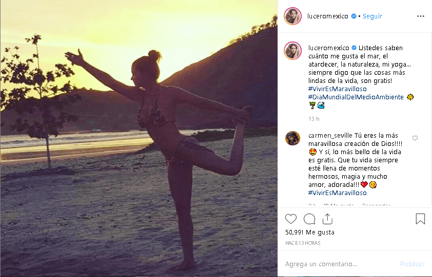 “Ustedes saben cuánto me gusta el mar, el atardecer, la naturaleza, mi yoga”, escribió Lucero al pie de 
<b><a href="https://www.instagram.com/p/ByWTIkLFbk_/" target="_blank">esta foto</a></b>.