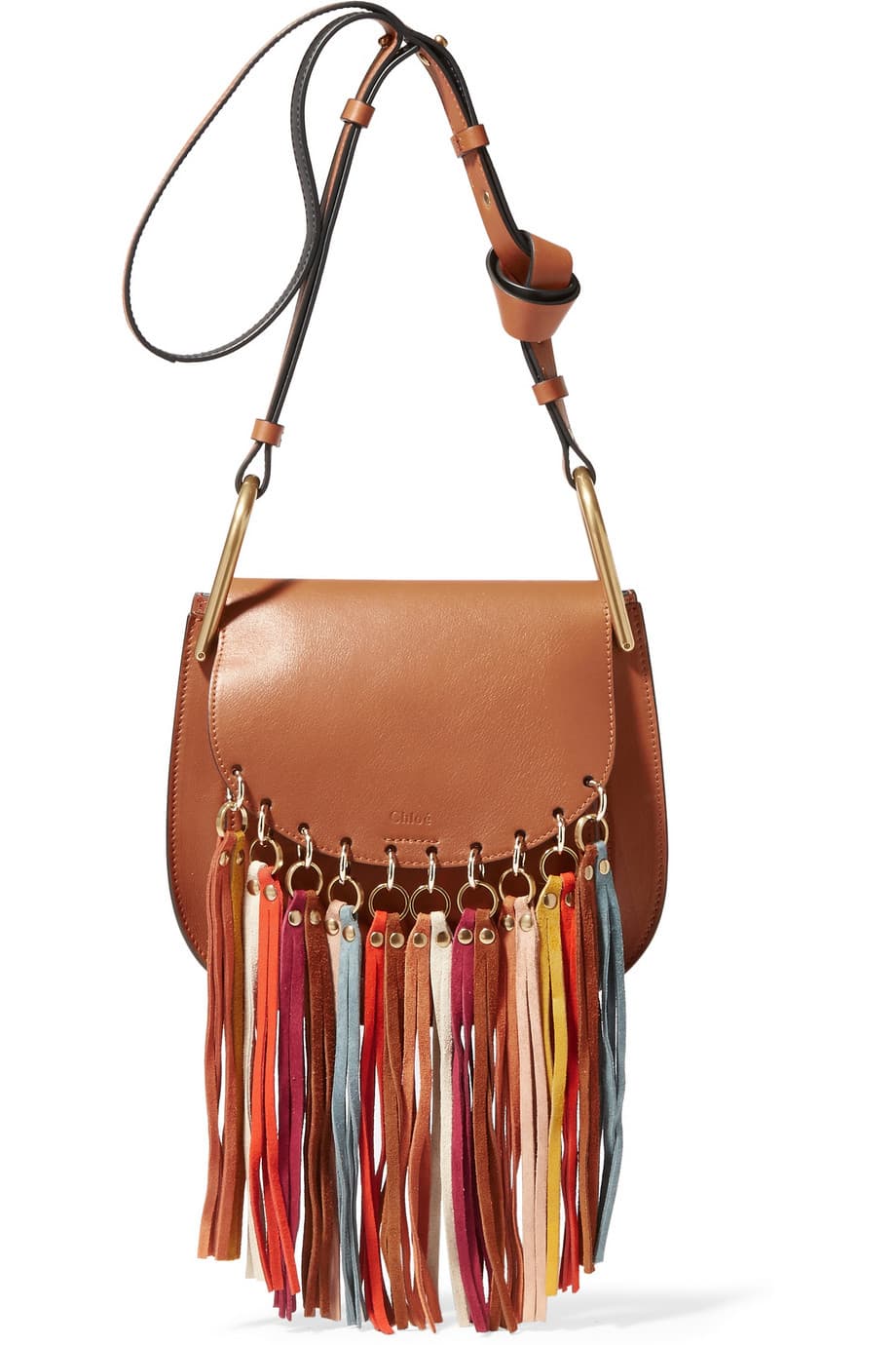 Cómo resistirse a este carriel camel, de flecos de colores de Chloé.