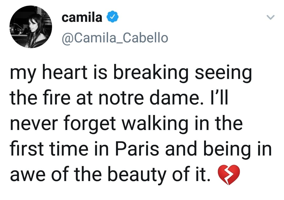 Camila Cabello escribió en su cuenta de Twitter que los hechos la hicieron revivir la primera vez que caminó por París y admiró la belleza de Notre Dame.
<br>