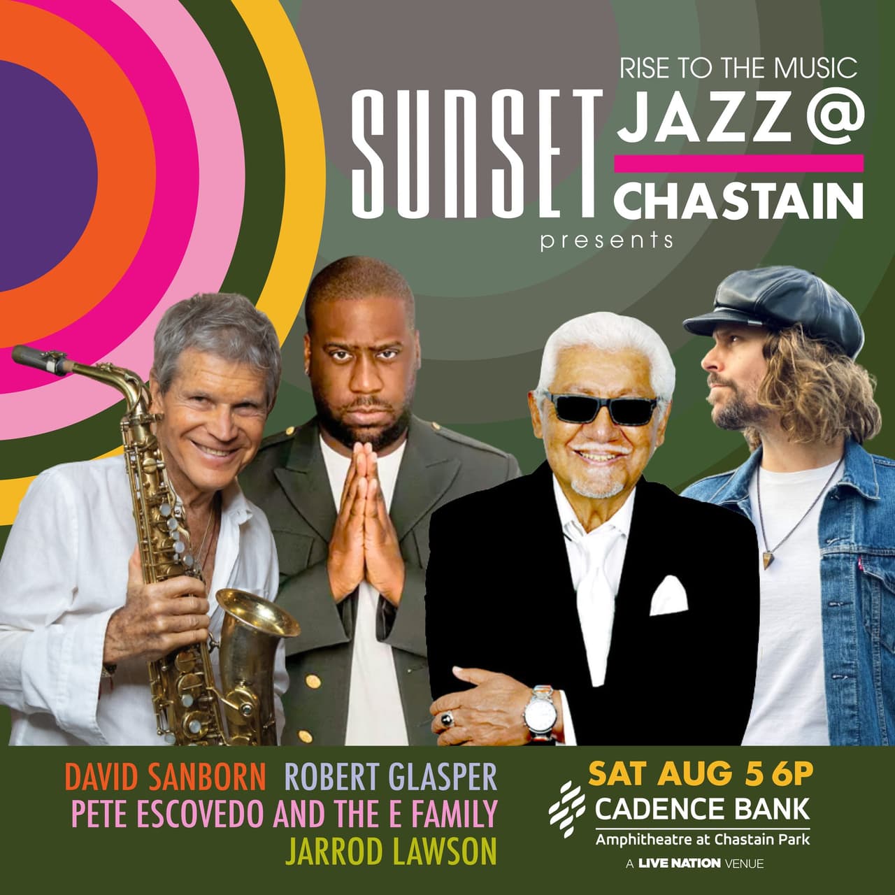 <b>Sunset Jazz Festival with David Sanborn, Robert Glasper</b>
<br>
<b>Fecha</b>: 5 de agosto 
<br>
<b>Lugar</b>: Cadence Bank Amphitheatre at Chastain Park. 4469 Stella Dr NW. Atlanta, GA. 30342
<br>
<b>Sitio web</b>: 
<a href="https://seatgeek.com/sunset-jazz-festival-with-david-sanborn-robert-glasper-tickets/atlanta-georgia-cadence-bank-amphitheatre-at-chastain-park-2023-08-05-6-pm/music-festival/6059003">https://seatgeek.com/sunset-jazz-festival-with-david-sanborn-robert-glasper-tickets/atlanta-georgia-cadence-bank-amphitheatre-at-chastain-park-2023-08-05-6-pm/music-festival/6059003</a> 
<br>
<br>Disfruta del Sunset Jazz Festival el sábado 5 de agosto con actuaciones musicales de David Sanborn y Robert Glasper.