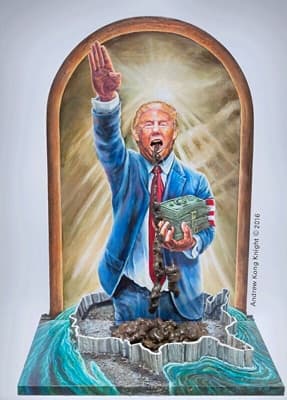 Obra de Donald Trump vomitando excrementos.