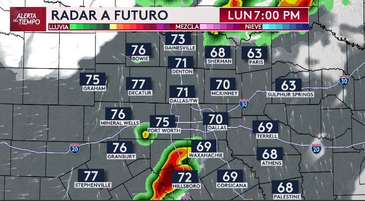 Al final de la tarde, la actividad podría concentrarse al sur del Metroplex,
<b>afectando áreas como Hillsboro, según el pronóstico.</b>