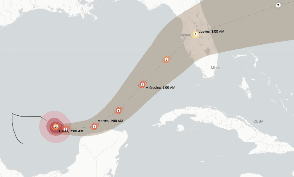 Trayectoria prevista del huracán Milton.