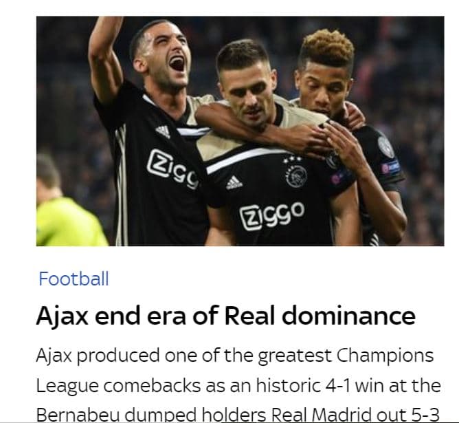 Sky Sports (Inglaterra) - "Ajax terminó con una era de dominio del Real"