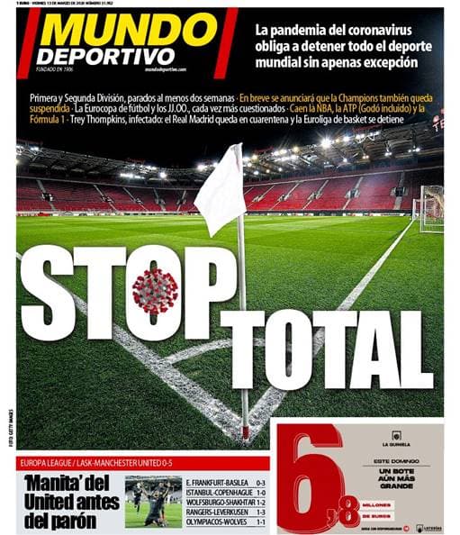 La prensa en el mundo deportivo reacciona ante la inminente crisis que se vive a causa del COVID-19 ¡Así las portadas en los diarios deportivos más importantes!