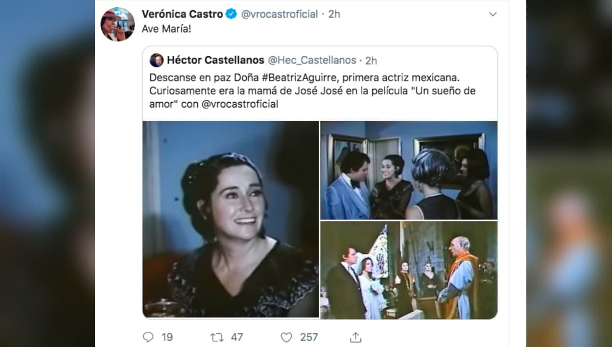 <b><a href="https://www.univision.com/shows/primer-impacto/la-actriz-veronica-castro-anuncia-su-retiro-de-la-actuacion-video">La retirada actriz Verónica Castro</a></b> compartió las imágenes de la película 'Un sueño de amor', que ella protagonizó, y en la que Beatriz Aguirre dio vida a la madre del personaje que interpretó José José.