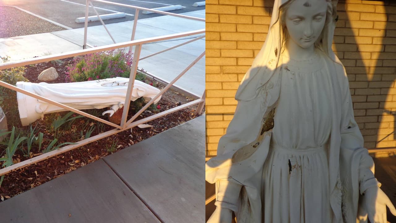 Una estatua de seis pies de altura de la Madre de Jesús fue tumbada al piso y se rompió en pedazos. “El costo estimado para reparar o reemplazar la estatua es de $1,500 dólares” reporta el departamento de policía de Prescott.
<br>