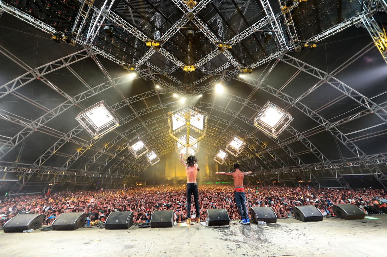 INDIO, CA - APRIL 22: Recordings artists Swae Lee and Slim Jimmy of Rae Sremmurd perform onstage during day 1 of the 2016 Coachella Valley Music & Arts Festival Weekend 2 at the Empire Polo Club on April 22, 2016 in Indio, California. (Photo by Christopher Polk/Getty Images for Coachella)