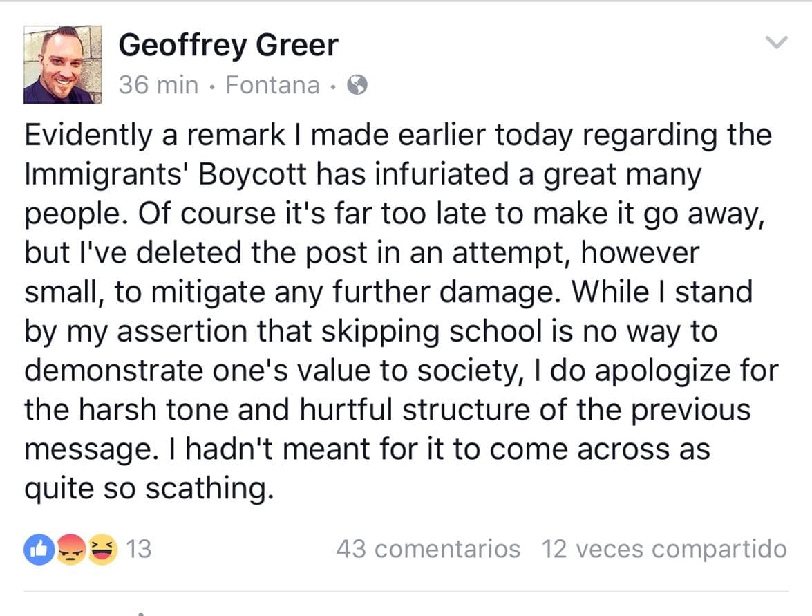 Disculpa del profesor Geoffrey Greer en su cuenta de Facebook.
