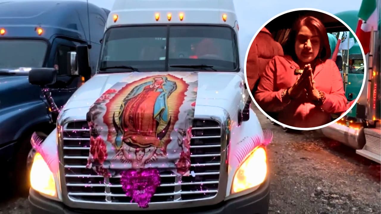 La historia de la camionera que conduce este colorido tráiler al Santuario de la Virgen de Guadalupe