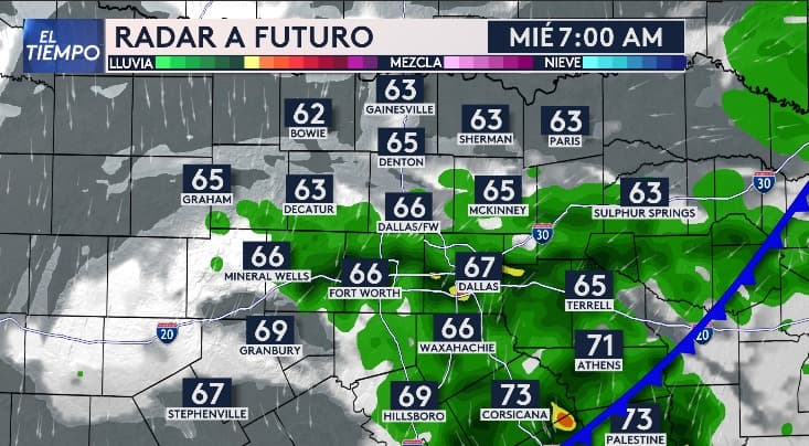 A las 7 de la mañana, el sistema ya habrá cruzado nuestra región; sin embargo,
<b>podrían registrarse lluvias en parte del Metroplex, aunque con menor intensidad.</b>