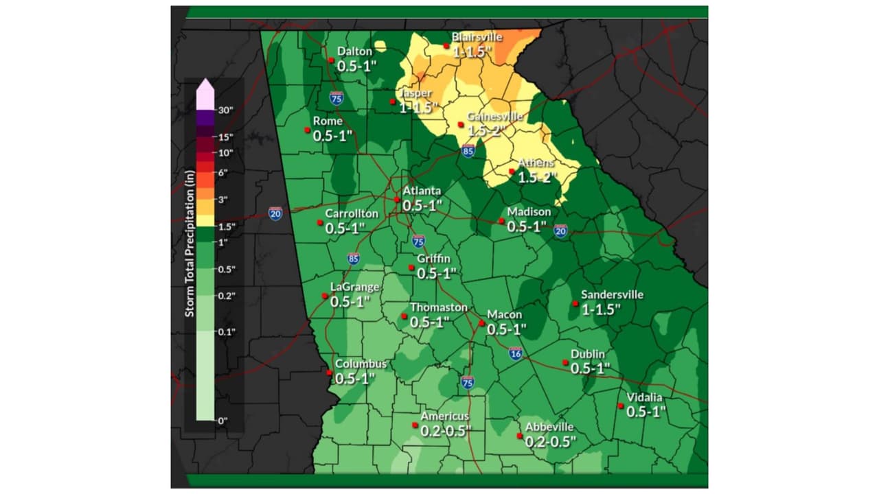 Mapa del NWS sobre las tormentas que se esperan en Georgia hasta el martes 13 de mayo.