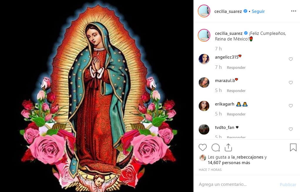 <b><a href="https://www.univision.com/entretenimiento/celebridades/osvaldo-de-leon-sigue-sin-poder-ver-a-su-hijo-el-que-tuvo-con-cecilia-suarez-fotos">Cecilia Suárez</a></b> es otra de las famosas de la actuación que siempre ha demostrado su amor por la patrona de México.