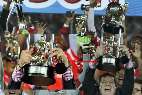 Equipo de fútbol colombiano recibe trofeo de campeón con terrible error