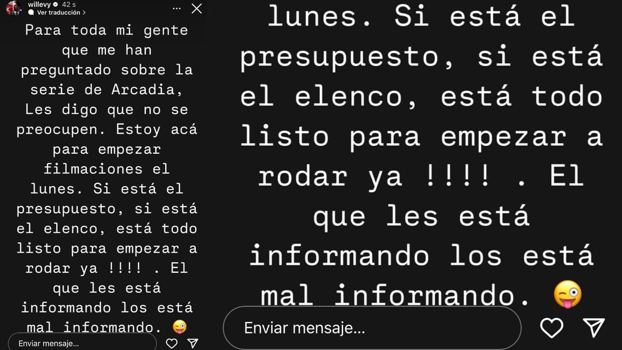 William Levy desmintió con este mensaje en Instagram los supuestos problemas que ha presentado la serie 'Arcadia' en Europa.
